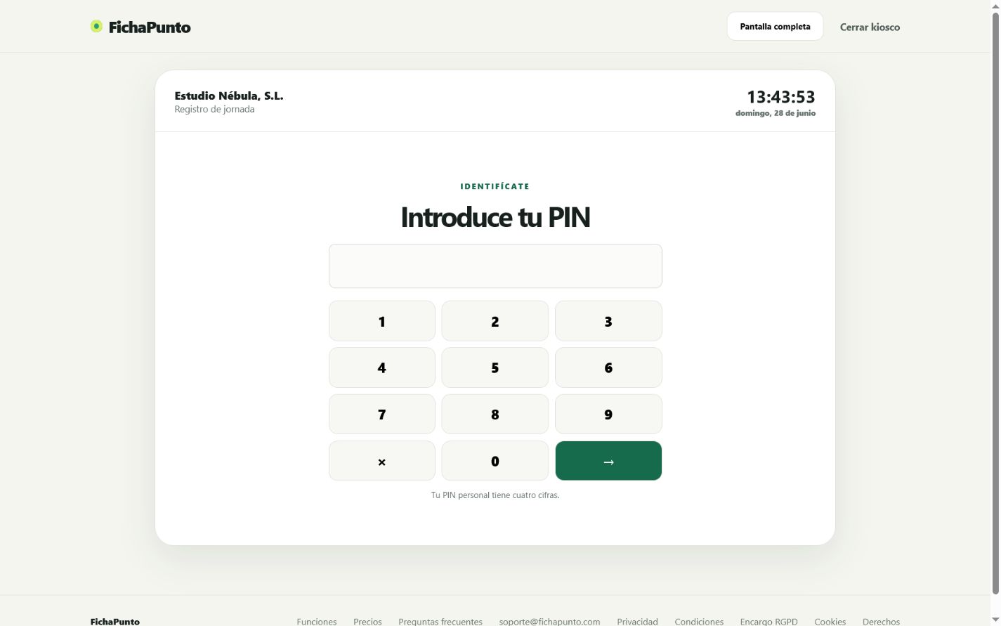 Teclado del modo kiosco de FichaPunto para introducir el PIN